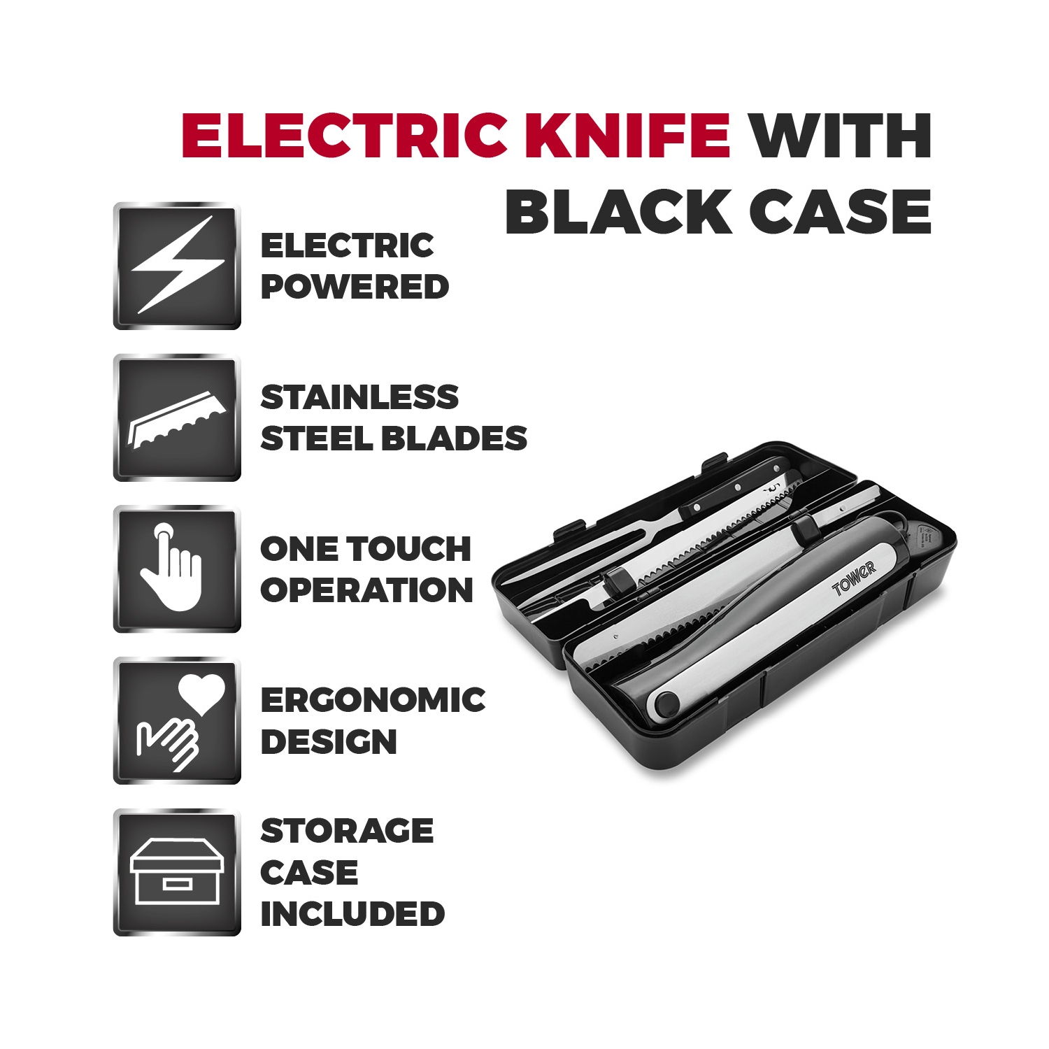 Tower Electric Knife With 2 Blades, Fork And Black Case - 2