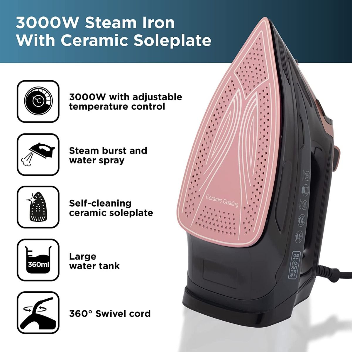 Black & Decker Linen Care Steam Iron 3000W - Black & Gold thumbnail image
