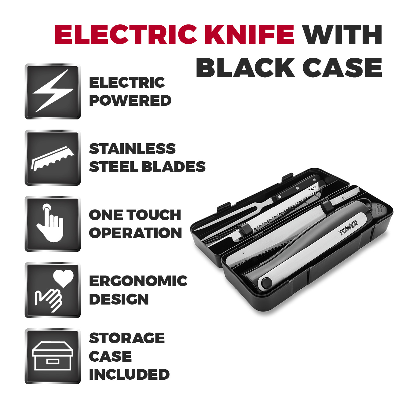 Tower Electric Knife With 2 Blades, Fork And Black Case thumbnail image